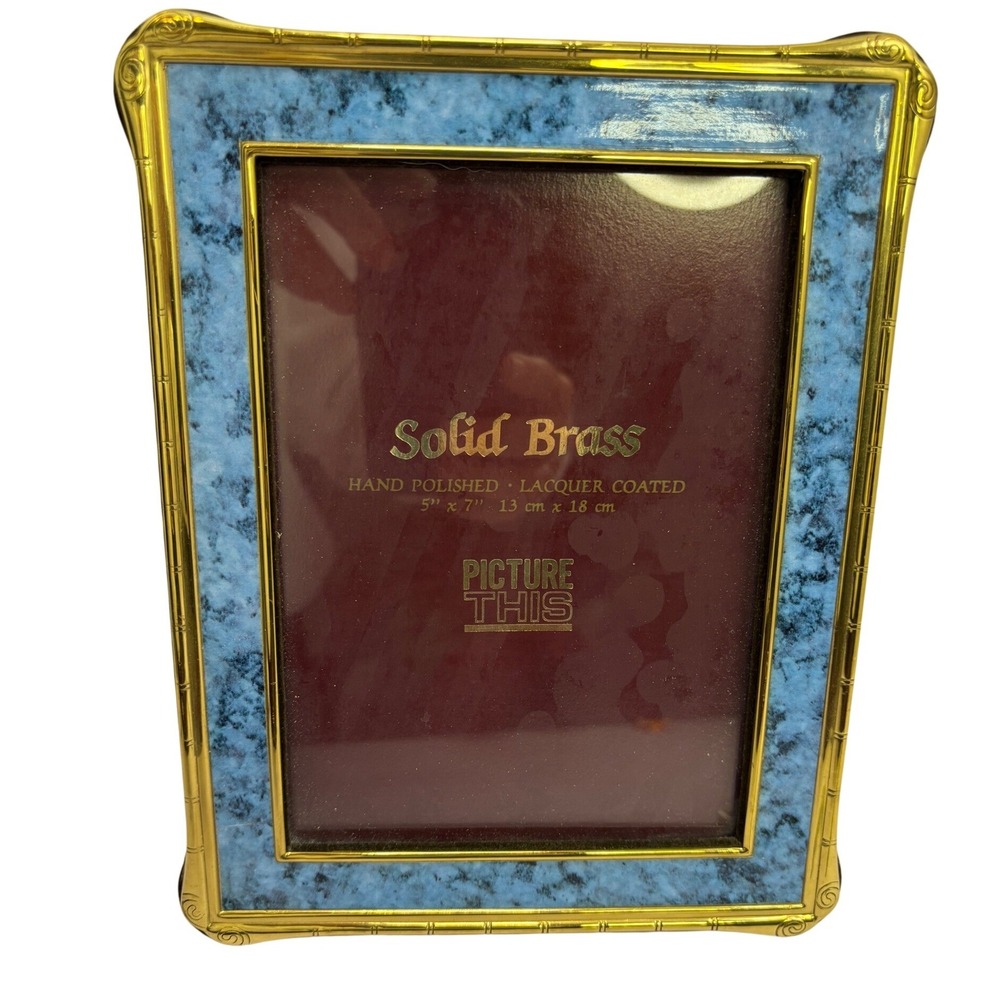 Picture This Solid Brass 5x7 Picture Frame Blue Marble Inlay Bamboo Gold Trim